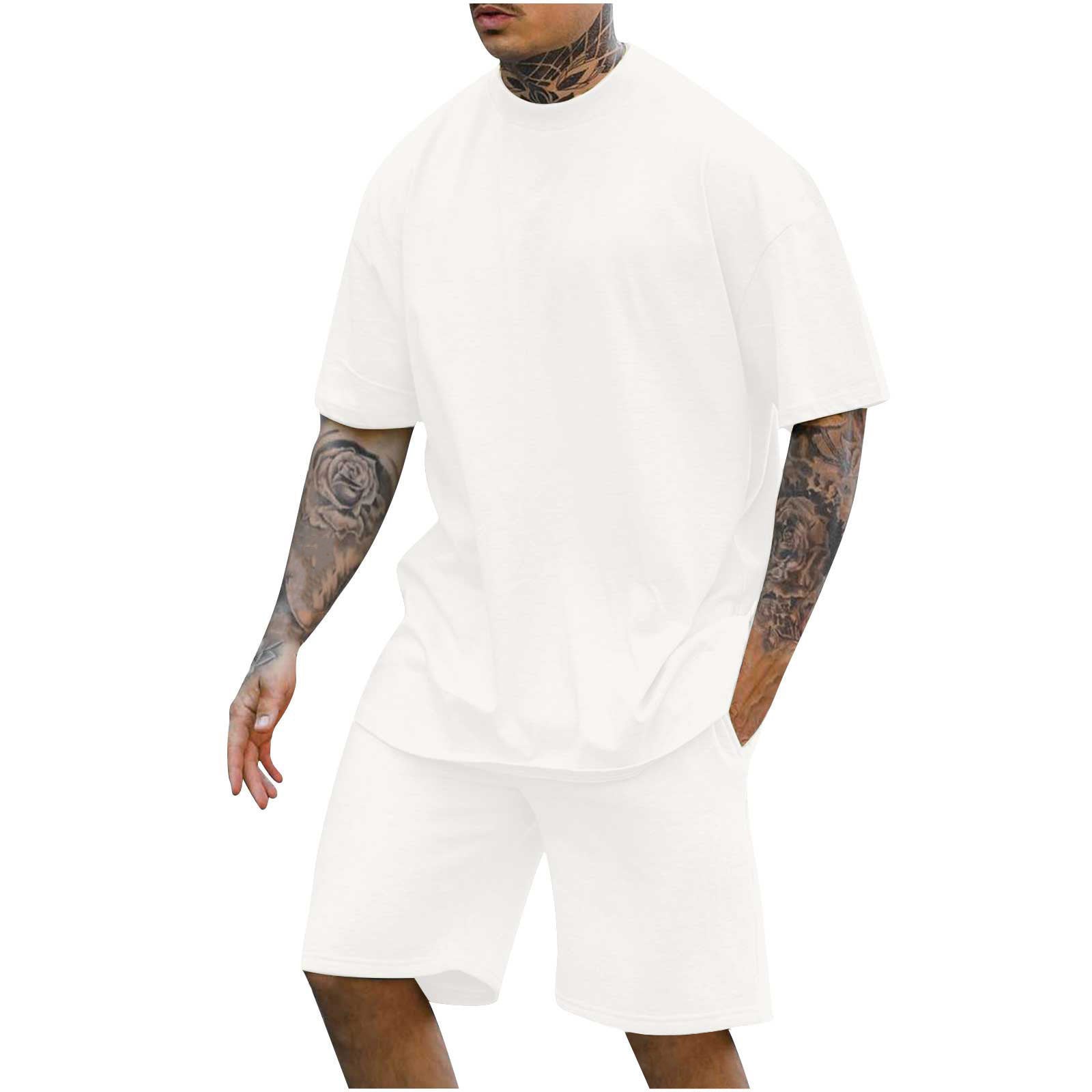 New Men's Round Neck Drop Shoulder Short Sleeve T-shirt Top Shorts Two-piece Set