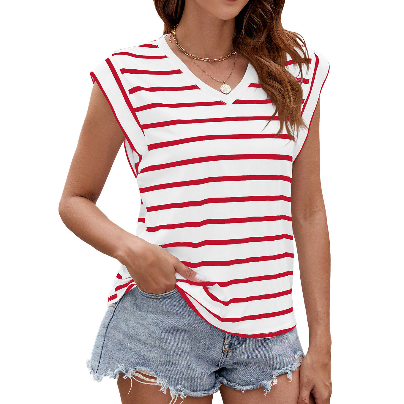 Fashion Stripe Print V-neck Short-sleeved T-Shirt Summer Loose Top Womens Clothing