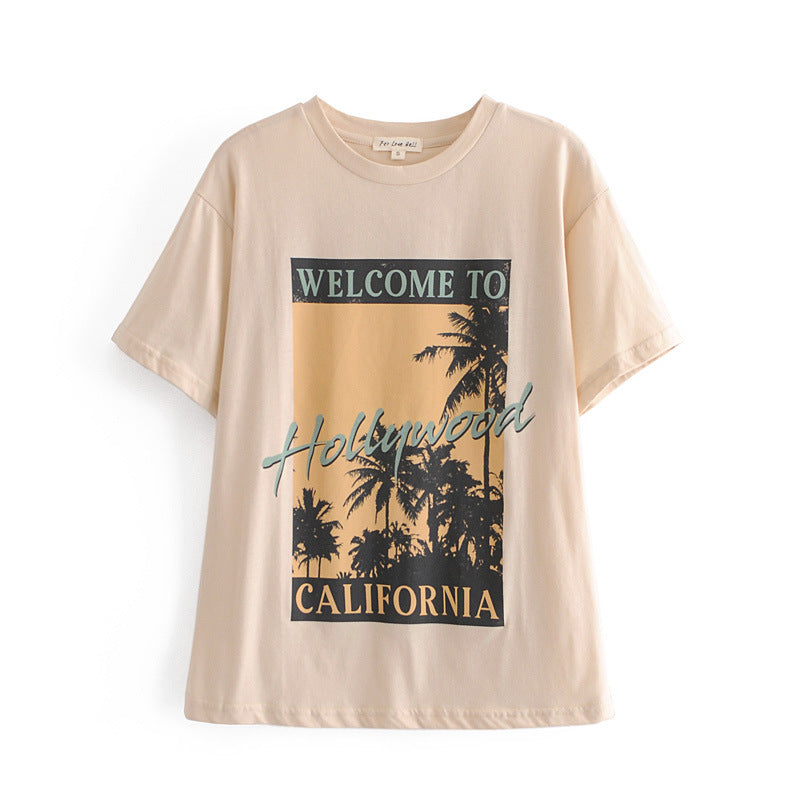 European And American Summer New Fashion Ins Casual Loose Mid-length Palm Paulownia Print Short-sleeved T-shirt