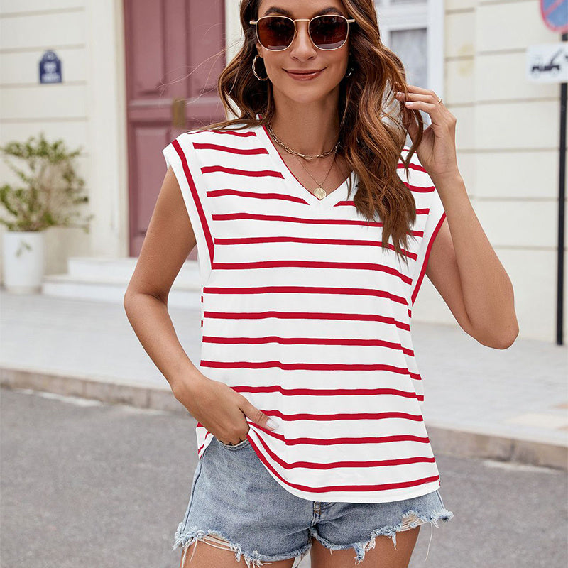 Fashion Stripe Print V-neck Short-sleeved T-Shirt Summer Loose Top Womens Clothing