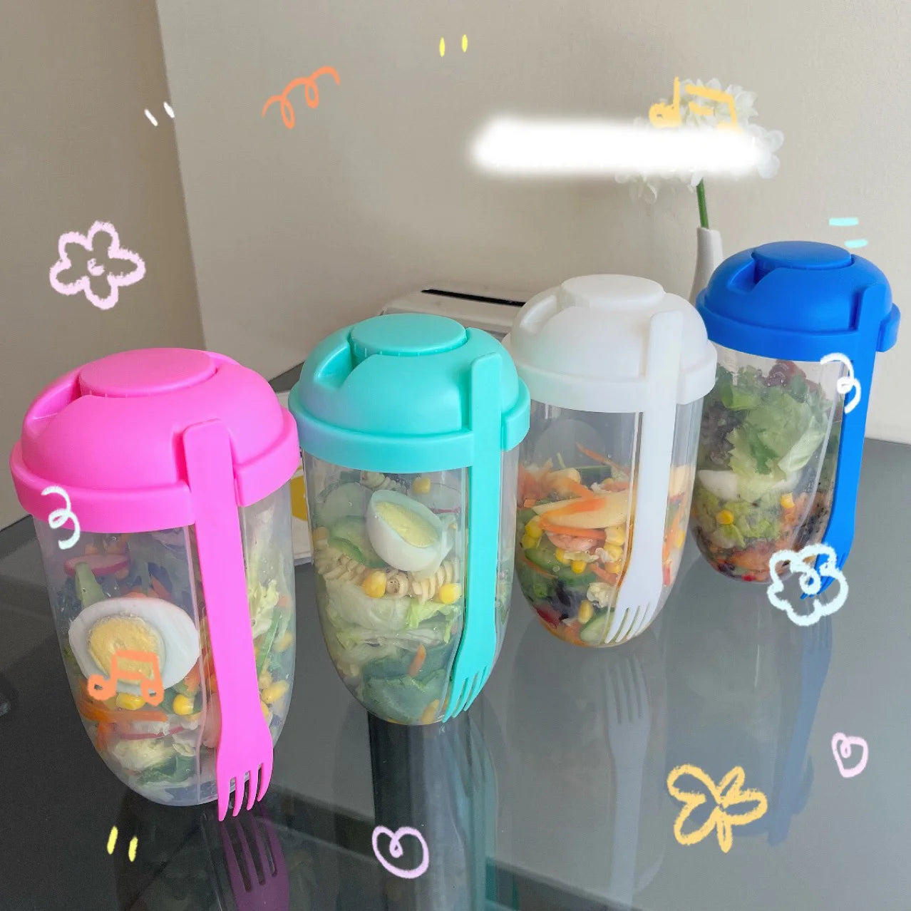 Breakfast Salad Cup Portable Two-Layers Cup Container with Fork Cup Lid Oatmeal Cereal Seal Salad Cup Bowl Lunch Box