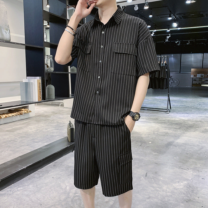 Men's Fashion Striped Shirt Jacket Shorts