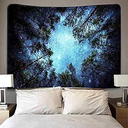 NIght Sky Forest Looking Up Art Wall Tapestry