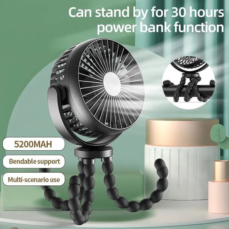 5200Mah USB Desktop Folding Fan,Outdoor Baby Stroller Handheld Fan, Summer Mute Small Multifunctional Octopus Mini Fan