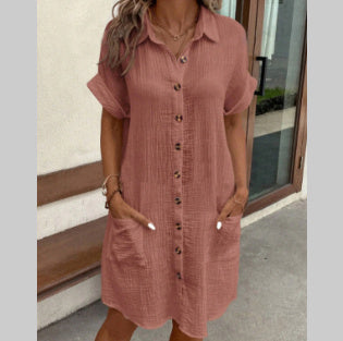 Summer Short Sleeve Shirt Dress Fashion Solid Color Single-breasted Mid-length Loose Dress