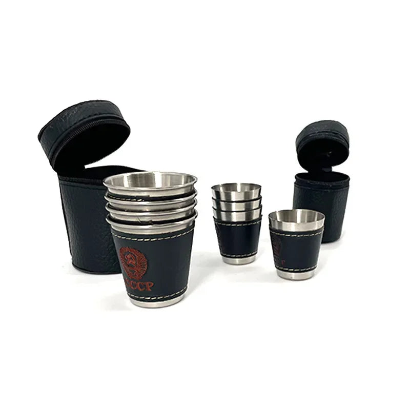 4Pcs 30/70Ml Outdoor Camping Tableware Travel Cups Set Picnic Supplies Stainless Steel Wine Beer Cup PU Leather