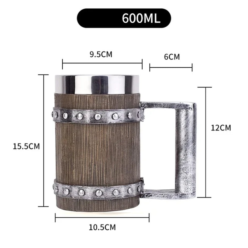 2023 Viking Wood Style Beer Mug 3D Resin Stainless Steel Coffee Cup Wine Glass Metal Double Wall Mug Beer Jug Cup Thermal