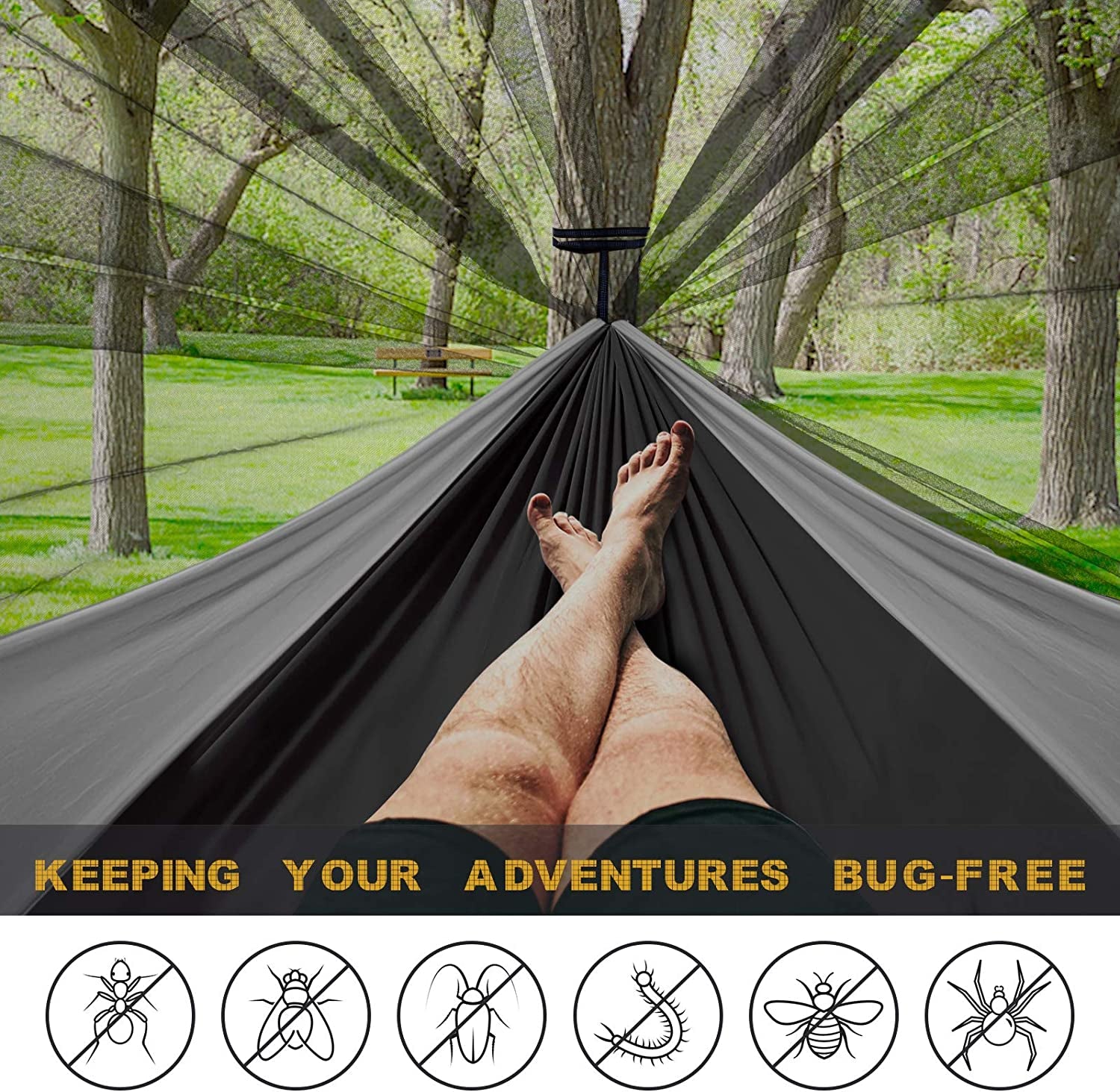 Camping Hammock with Net,Travel Portable Lightweight Hammocks with Tree Straps and Solid D-Shape Carabiners,Parachute Nylon Hammock for Outsides Backpacking Beach Backyard Patio Hiking