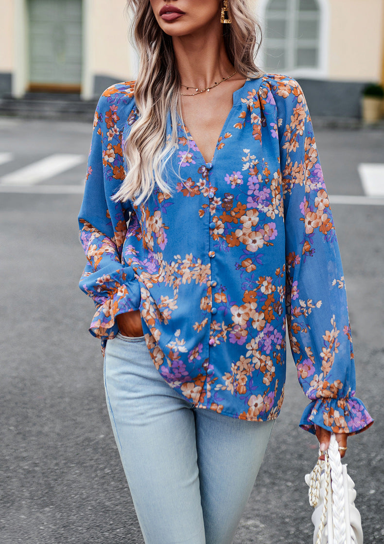 Women's Tops Casual Floral Print V Neck Long Sleeve Shirts Loose Chiffon Blouses Shirts Tops