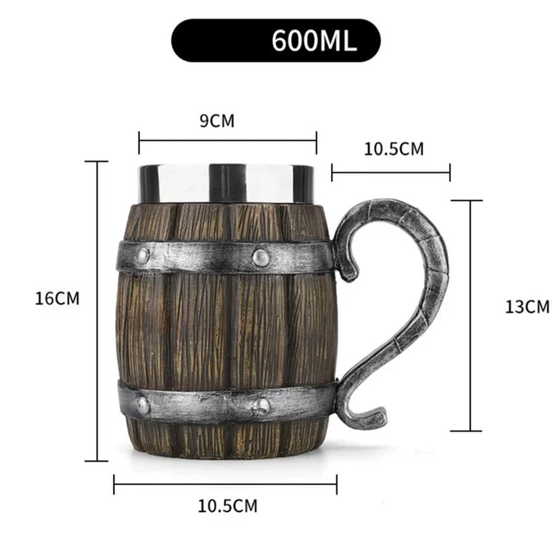 2023 Viking Wood Style Beer Mug 3D Resin Stainless Steel Coffee Cup Wine Glass Metal Double Wall Mug Beer Jug Cup Thermal