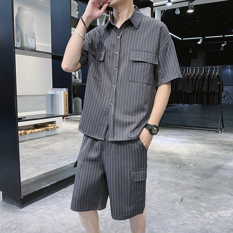 Men's Fashion Striped Shirt Jacket Shorts