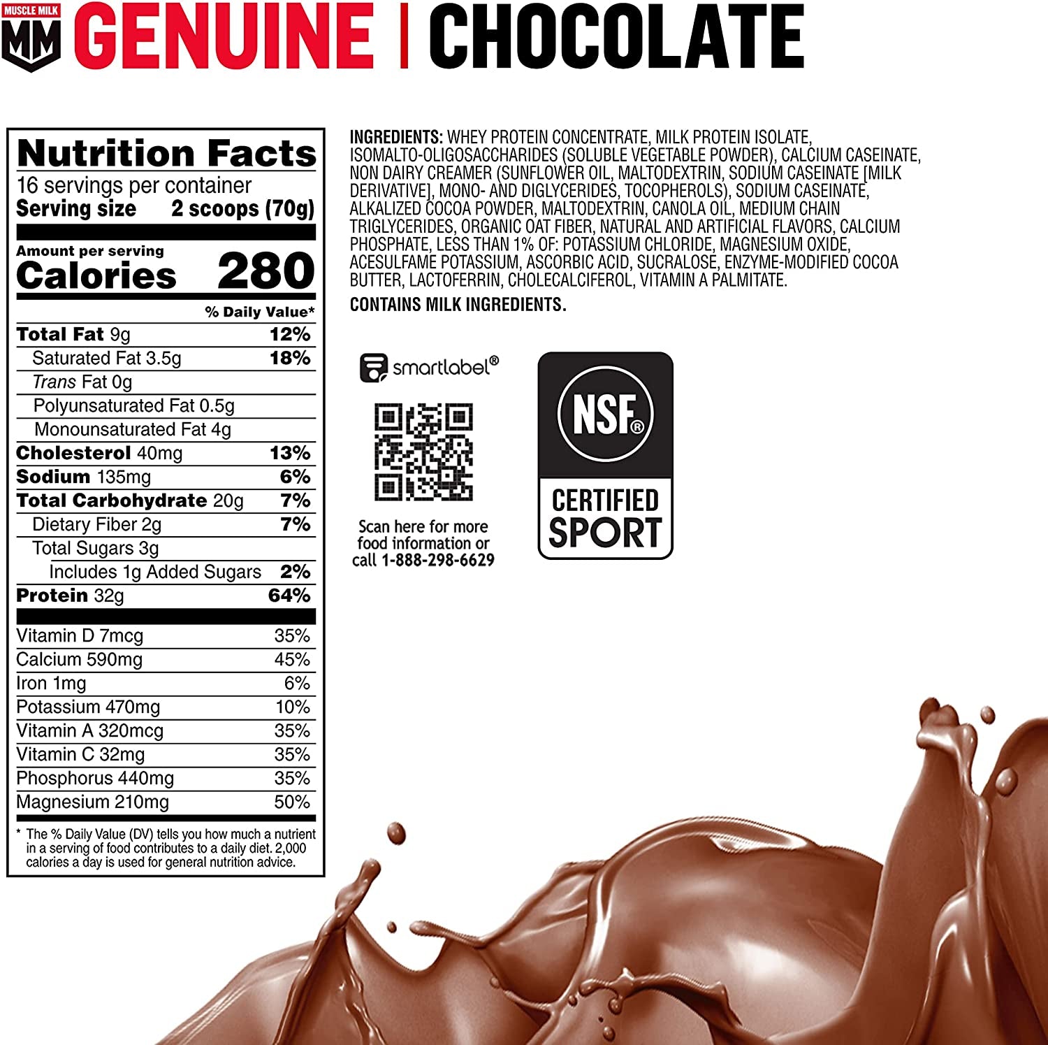 Genuine Protein Powder, Chocolate, 2.47 Pound, 16 Servings, 32G Protein, 3G Sugar, Calcium, Vitamins A, C & D, NSF Certified for Sport, Energizing Snack, Packaging May Vary