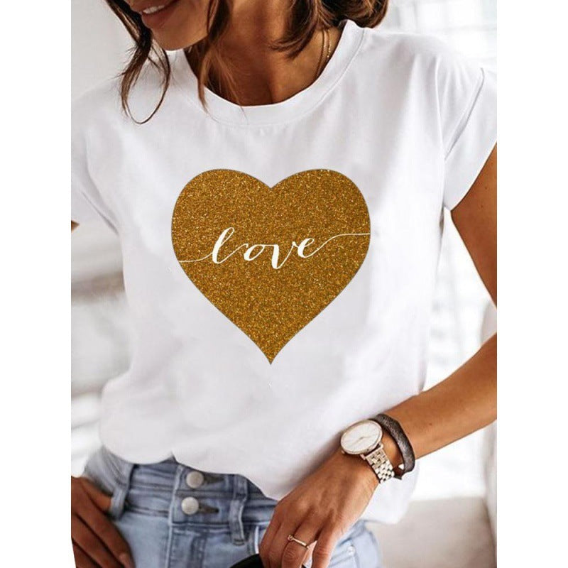 Women's Leopard Print Love Casual Retro Printed Plus Size Women's Clothing White T Short Sleeve Women