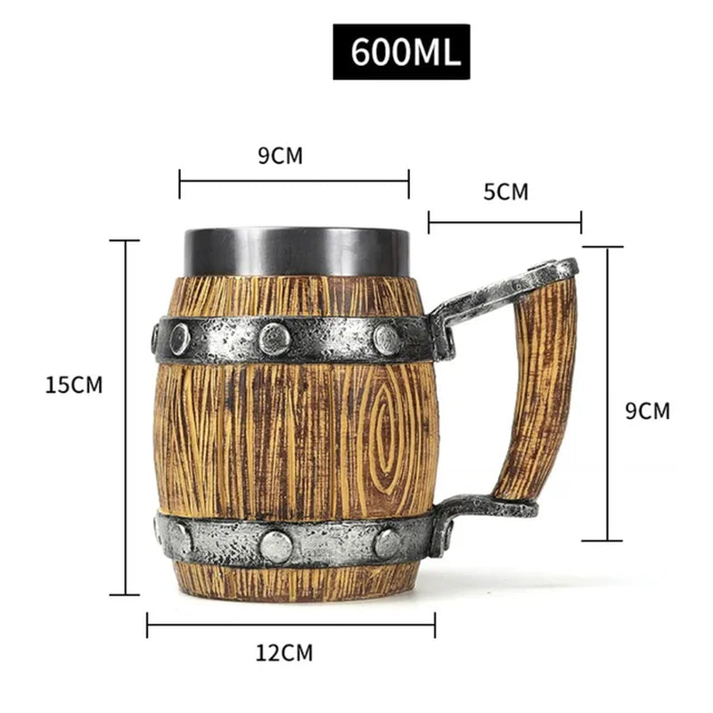 2023 Viking Wood Style Beer Mug 3D Resin Stainless Steel Coffee Cup Wine Glass Metal Double Wall Mug Beer Jug Cup Thermal