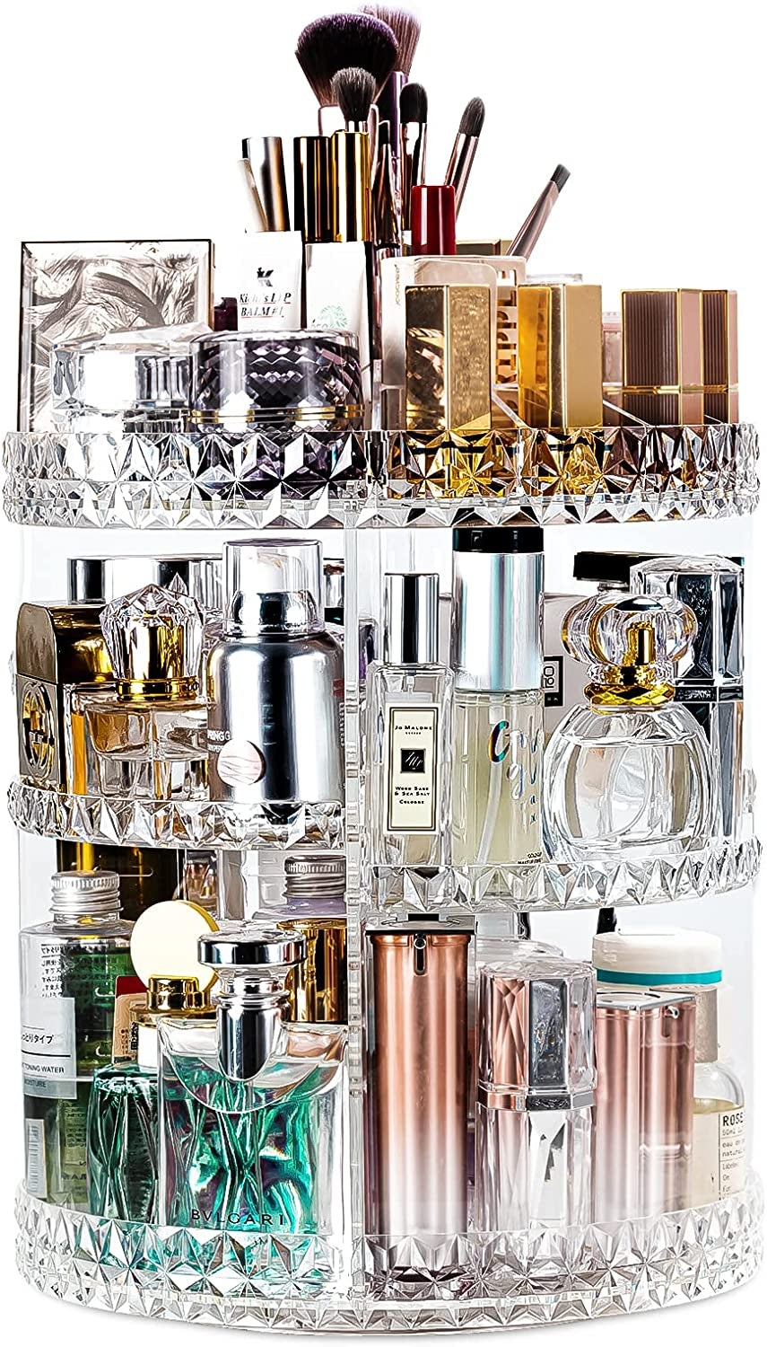 Makeup Organizer, 360 Degree Rotating Perfume Organizer, Adjustable Makeup Organizers and Storage with 3 Layers, Fits Makeup Brushes Lipsticks and Jewelry, Clear Acrylic