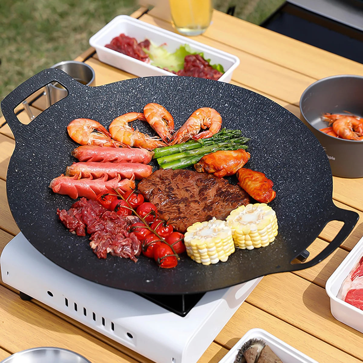 Korean BBQ Grill Pan round Griddle Pan for Gas Open Fire Camping Home Outdoor Stoves Circular Multiple Sizes Black