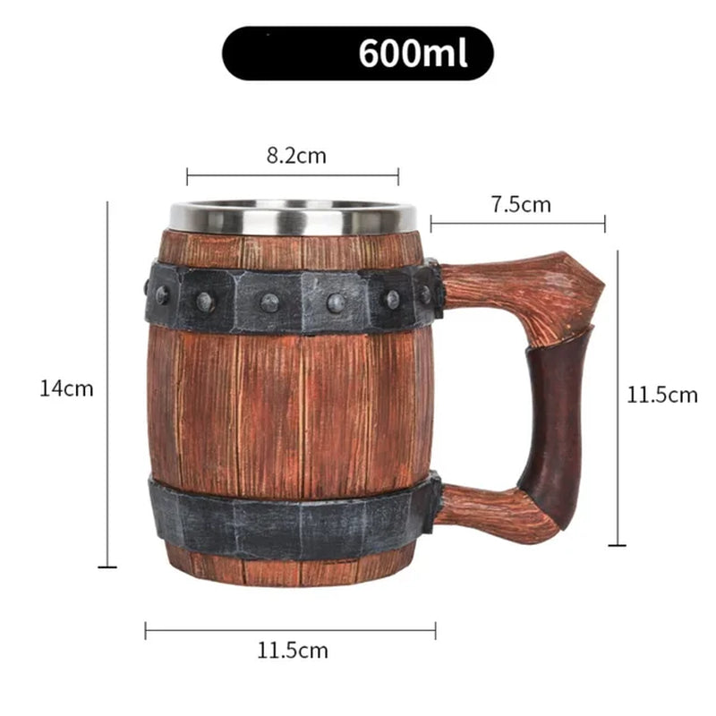 2023 Viking Wood Style Beer Mug 3D Resin Stainless Steel Coffee Cup Wine Glass Metal Double Wall Mug Beer Jug Cup Thermal