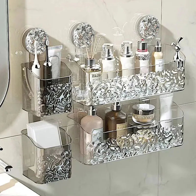 Light Luxury Style Glacier Pattern Suction Cup Shelf Bathroom Suction Cup Storage Rack Holder Punch Free Sorting Box