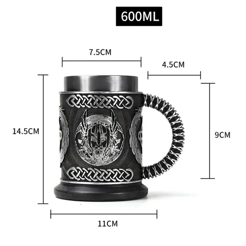 2023 Viking Wood Style Beer Mug 3D Resin Stainless Steel Coffee Cup Wine Glass Metal Double Wall Mug Beer Jug Cup Thermal