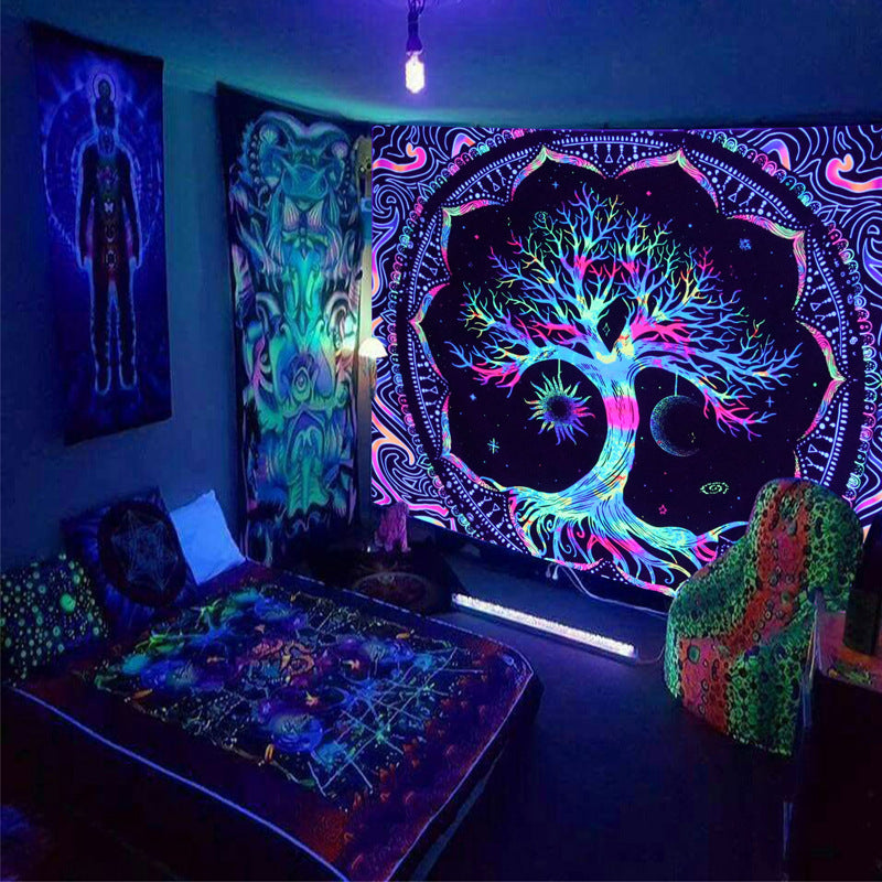 Cross-border Amazon Fluorescent Tapestry Tree Of Life Psychedelic Skull Starry Sky Black Light Background Fabric Dormitory Decorative Hanging Cloth