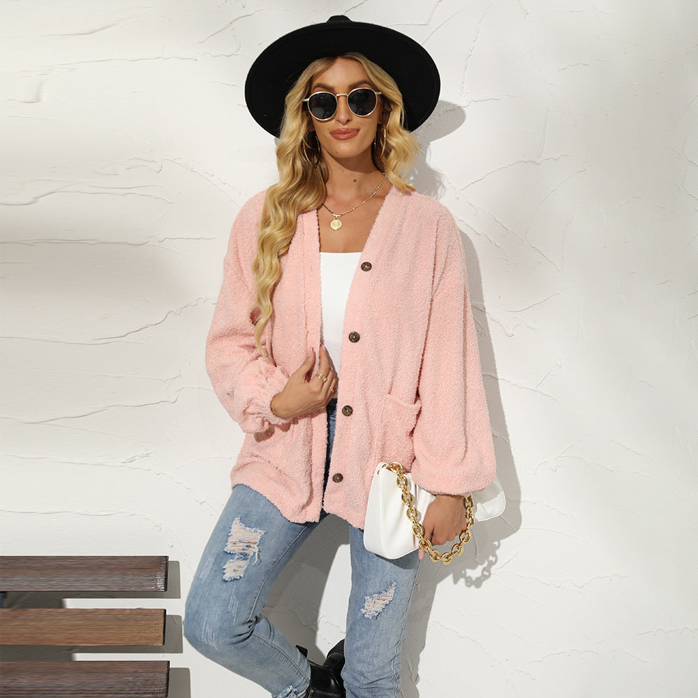 Women's Clothing Solid Color Little Teddy Plush Cardigan Women's Casual Jacket Women