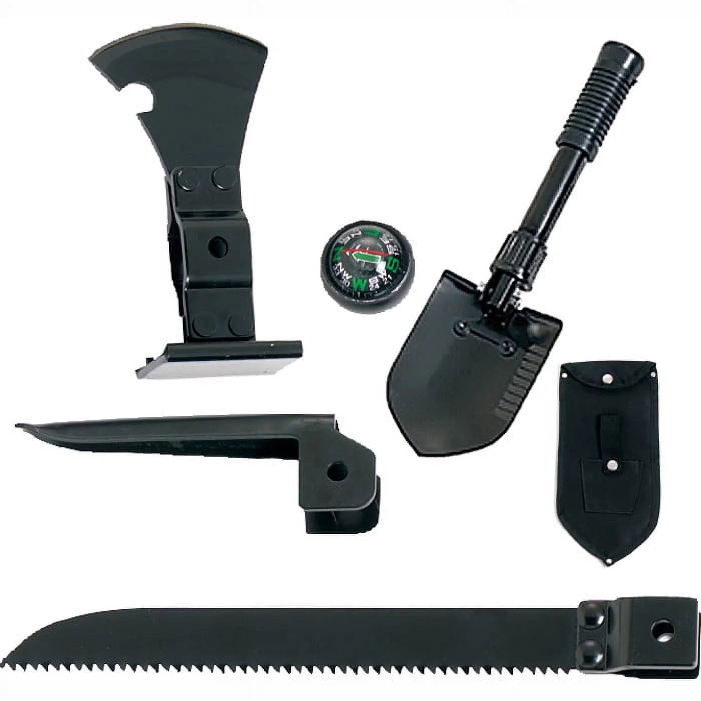 Multi Purpose Camp Tool W/Shovel, Saw, Pick, Hatchet, Hammer & Compass