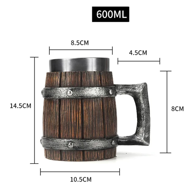 2023 Viking Wood Style Beer Mug 3D Resin Stainless Steel Coffee Cup Wine Glass Metal Double Wall Mug Beer Jug Cup Thermal