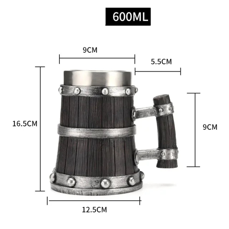 2023 Viking Wood Style Beer Mug 3D Resin Stainless Steel Coffee Cup Wine Glass Metal Double Wall Mug Beer Jug Cup Thermal