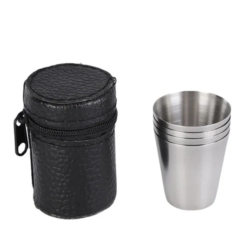 4Pcs 30/70Ml Outdoor Camping Tableware Travel Cups Set Picnic Supplies Stainless Steel Wine Beer Cup PU Leather