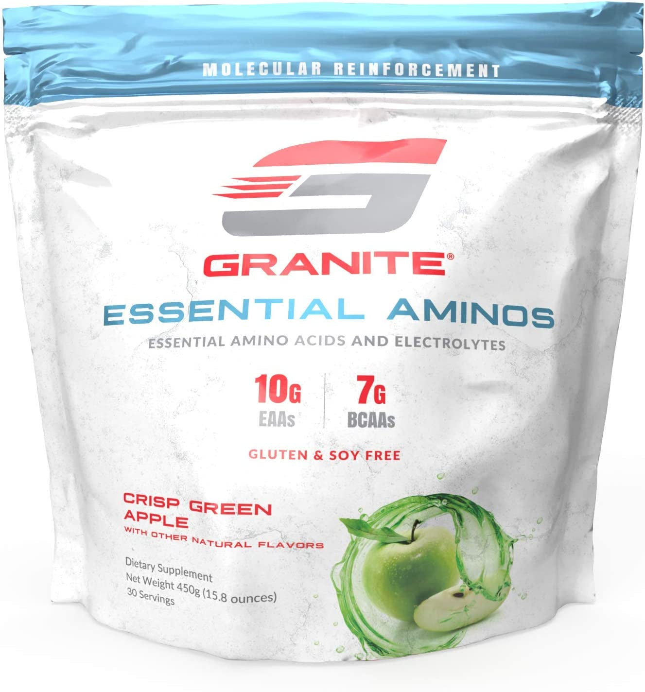 Granite 10G of Essential Amino Acids Powder | 7G BCAA Powder with Electrolytes | Muscle Recovery Supplement for Muscle Growth | 30 Servings - Green Apple Flavor | Soy & Gluten Free - Made in USA