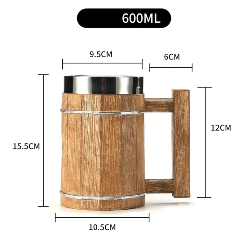 2023 Viking Wood Style Beer Mug 3D Resin Stainless Steel Coffee Cup Wine Glass Metal Double Wall Mug Beer Jug Cup Thermal