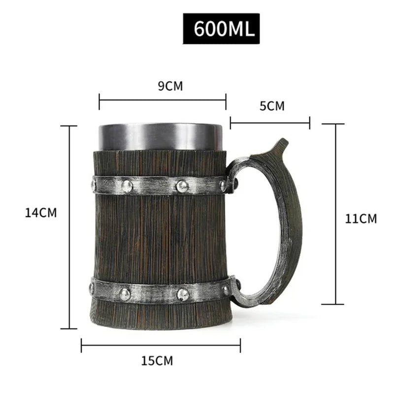 2023 Viking Wood Style Beer Mug 3D Resin Stainless Steel Coffee Cup Wine Glass Metal Double Wall Mug Beer Jug Cup Thermal