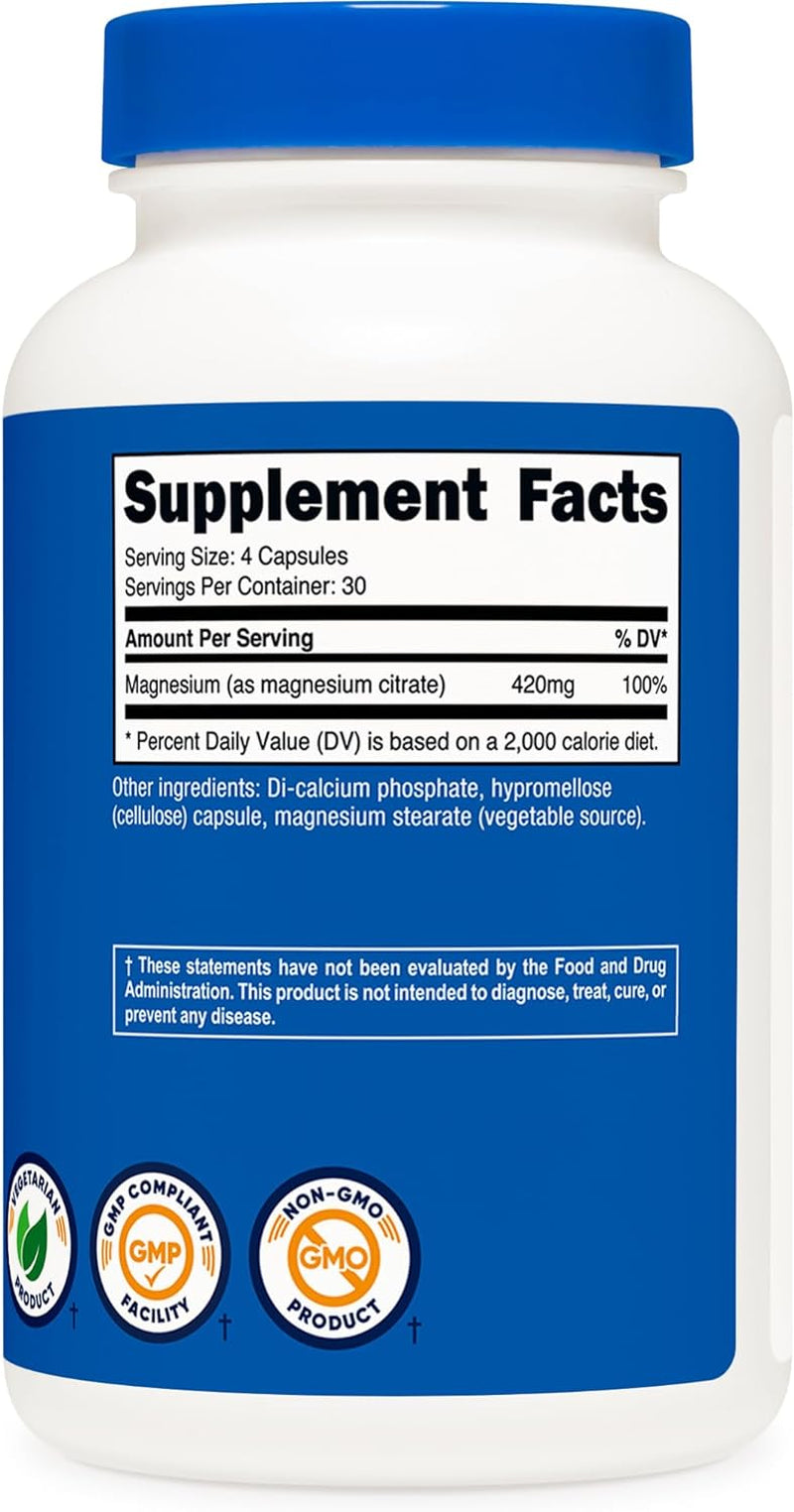 Magnesium Citrate 420Mg, 120 Veggie Capsules - 30 Servings, Gluten Free, Non-Gmo Supplement