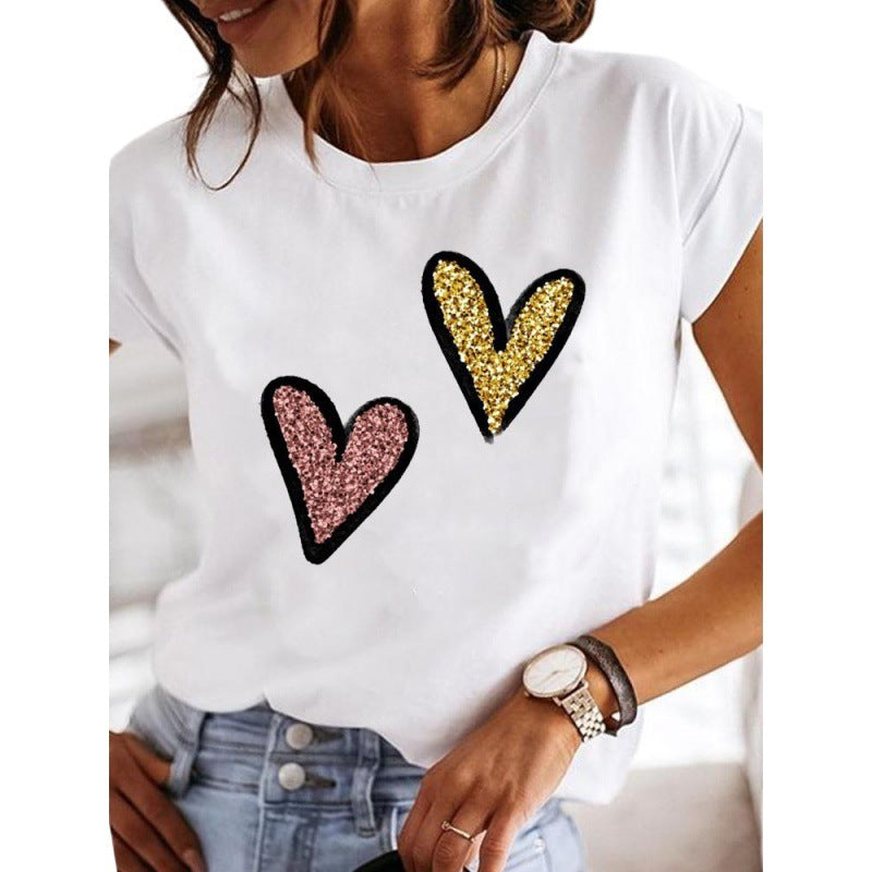 Women's Leopard Print Love Casual Retro Printed Plus Size Women's Clothing White T Short Sleeve Women