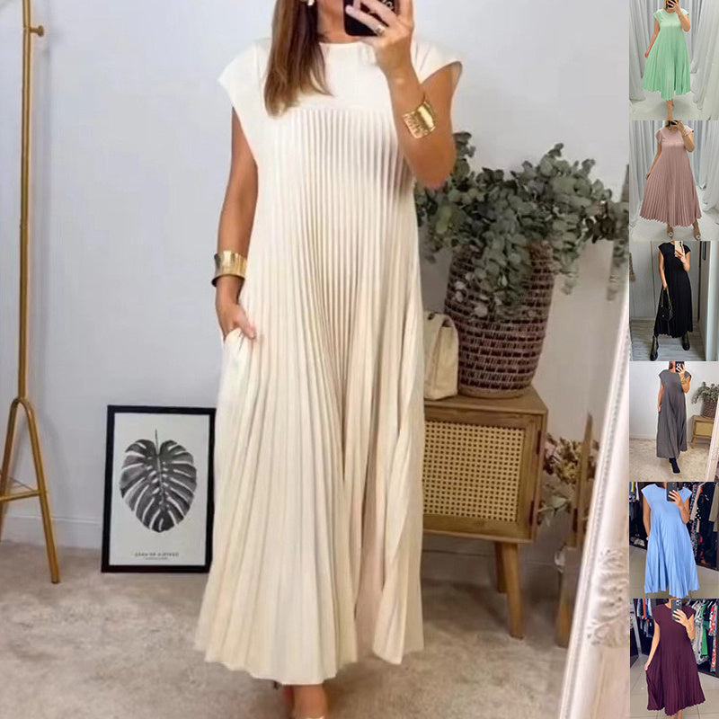 Short Sleeve Pleated Long Dress Summer Round Neck Dress Women's Clothing