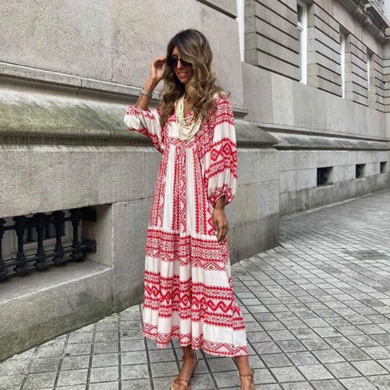 Summer Women's Vintage Printed Bohemian Dress Elegant Ladies Casual Loose V-Neck Short Sleeve Long Dresses