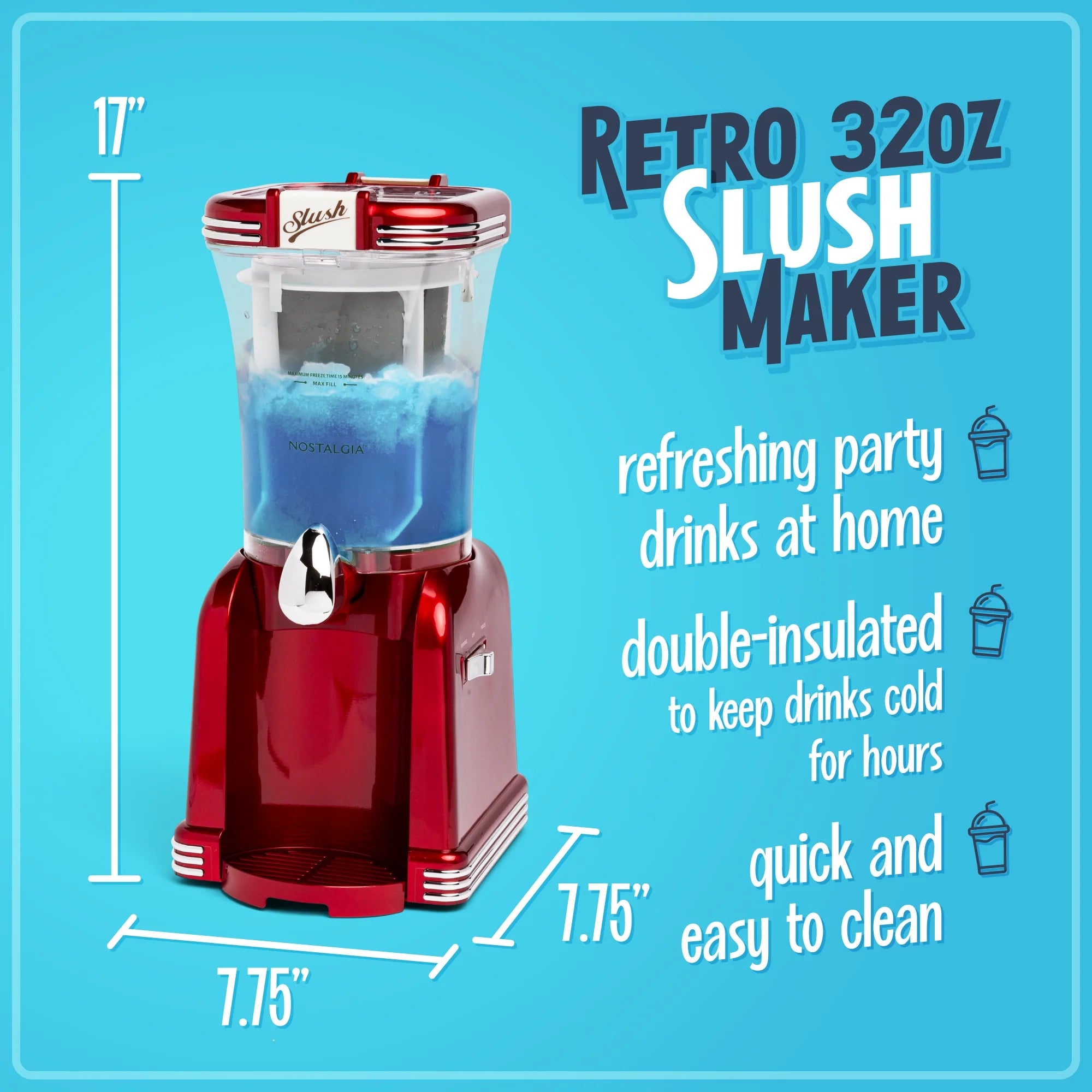 Frozen Drink Maker and Margarita Machine for Home - 32-Ounce Slushy Maker with Stainless Steel Flow Spout - Easy to Clean and Double Insulated - Retro Red