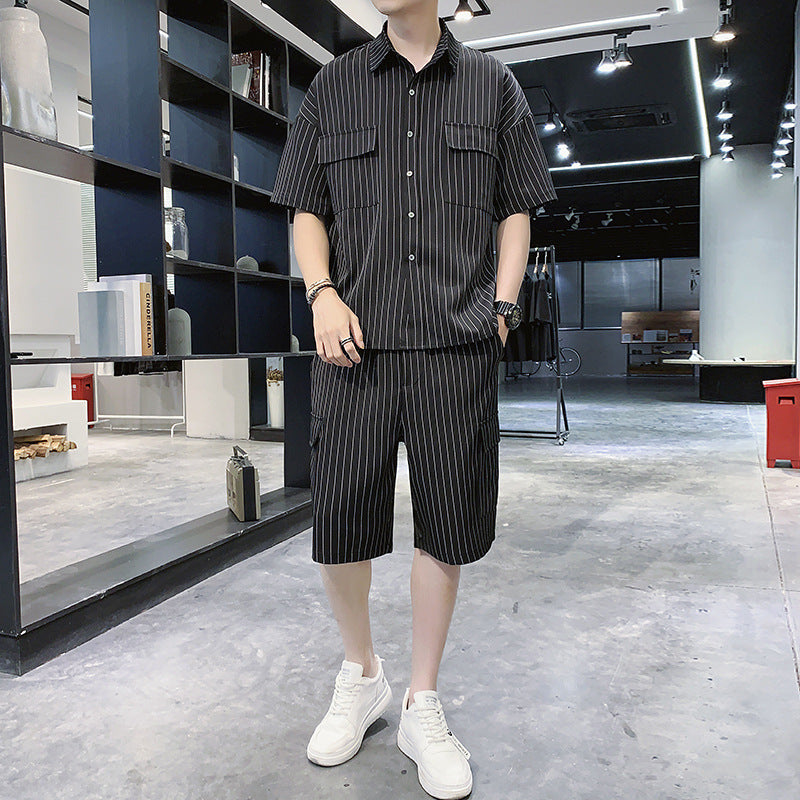 Men's Fashion Striped Shirt Jacket Shorts