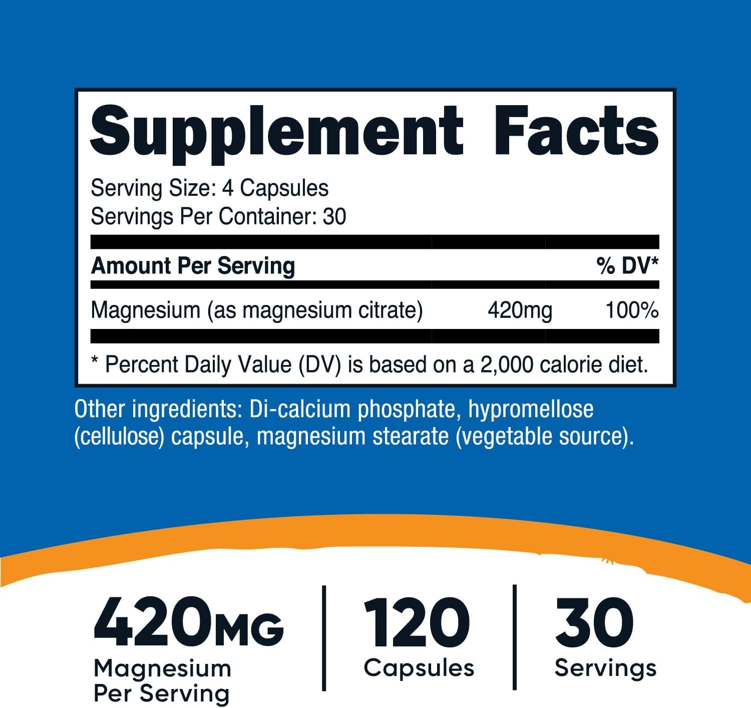 Magnesium Citrate 420Mg, 120 Veggie Capsules - 30 Servings, Gluten Free, Non-Gmo Supplement