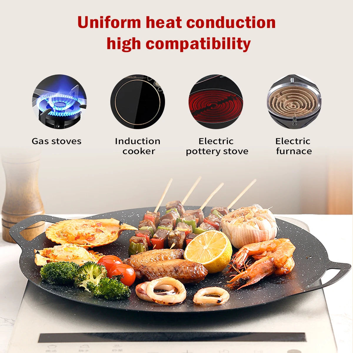 Korean BBQ Grill Pan round Griddle Pan for Gas Open Fire Camping Home Outdoor Stoves Circular Multiple Sizes Black