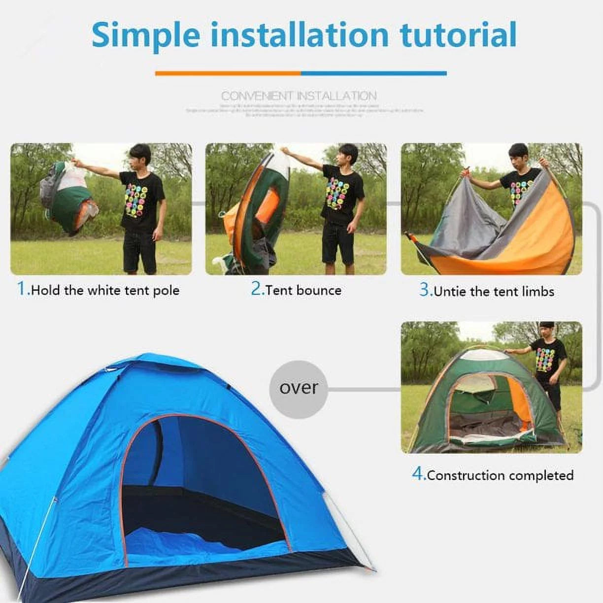 2-Person Camping Tent with Carry Bag, Waterproof Dome Automatic Pop-Up Outdoor Tent for Beach, Traveling, Hiking, Camping, Hunting Blue