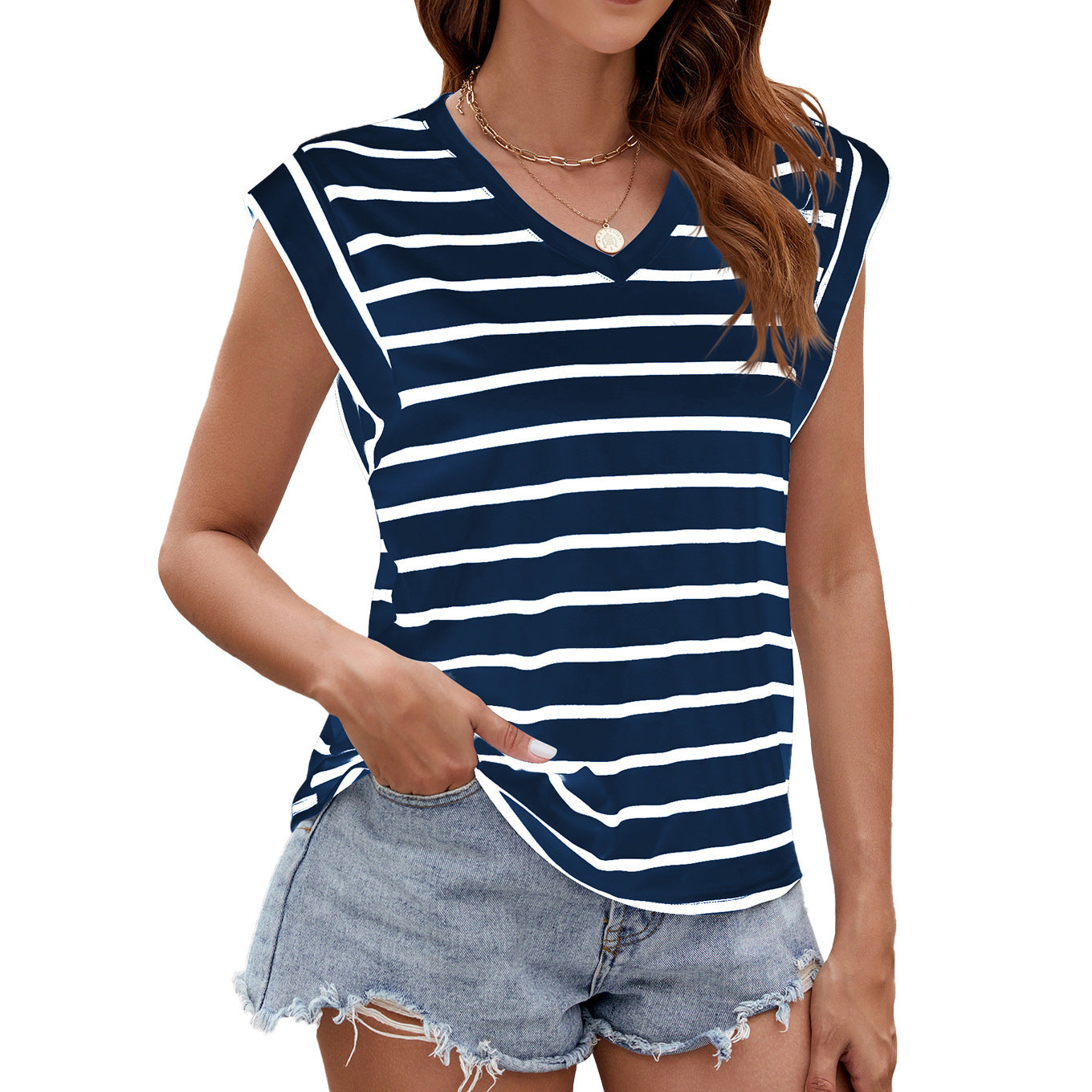 Fashion Stripe Print V-neck Short-sleeved T-Shirt Summer Loose Top Womens Clothing