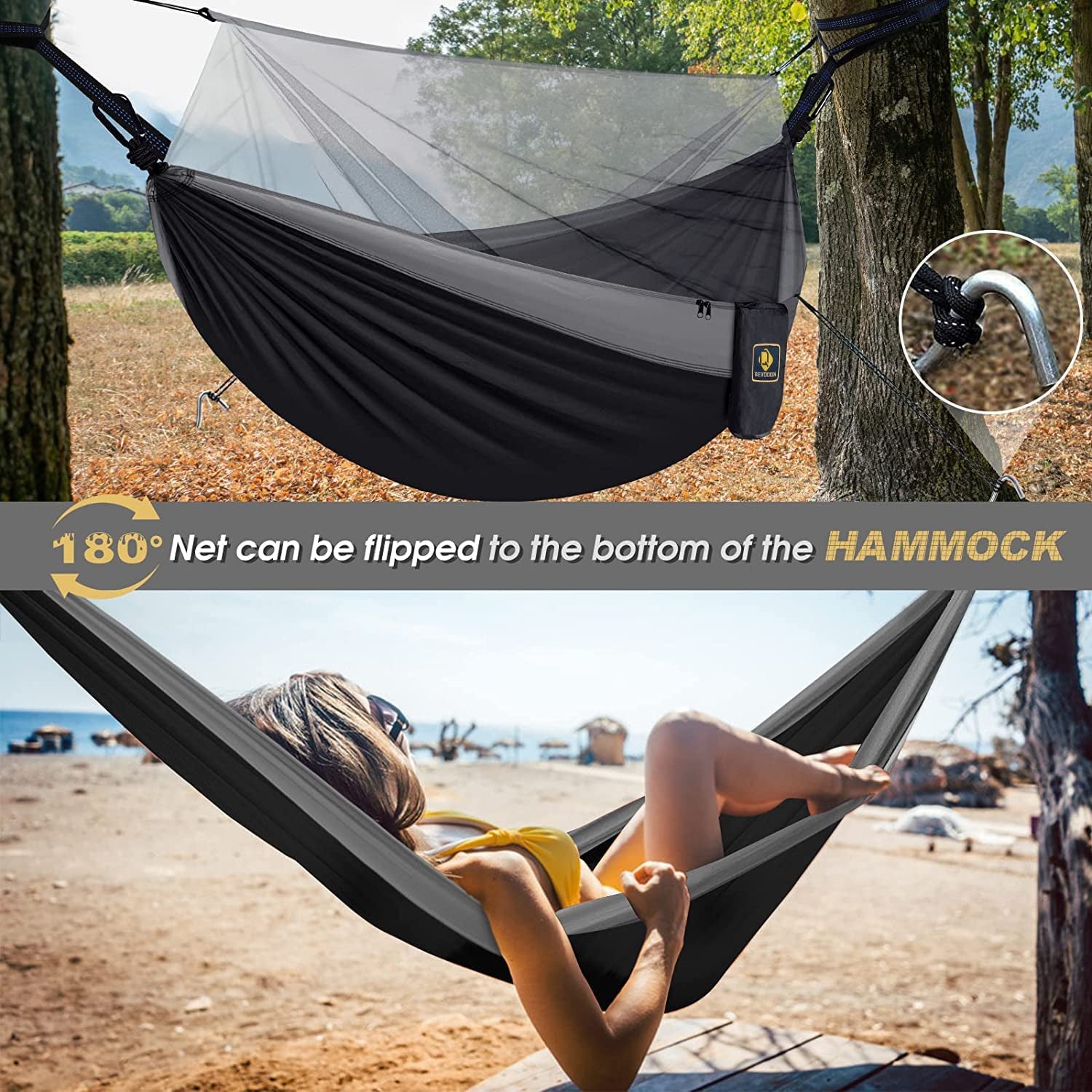 Camping Hammock with Net,Travel Portable Lightweight Hammocks with Tree Straps and Solid D-Shape Carabiners,Parachute Nylon Hammock for Outsides Backpacking Beach Backyard Patio Hiking